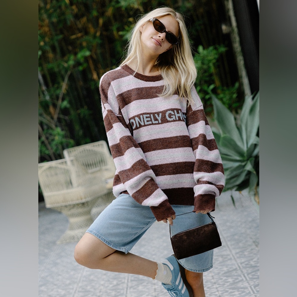 LONELY GHOST Lonely Star Knit Striped Crew Sweater in Brown and Pink Sz M NWT